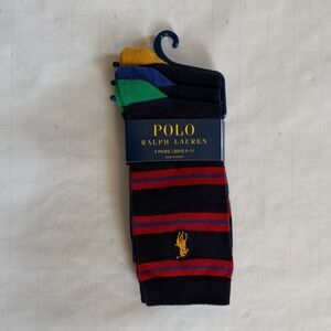 Polo by Ralph Lauren Boys' Striped Socks - Black, Red, Blue - 3 Pairs -Boys 9-11